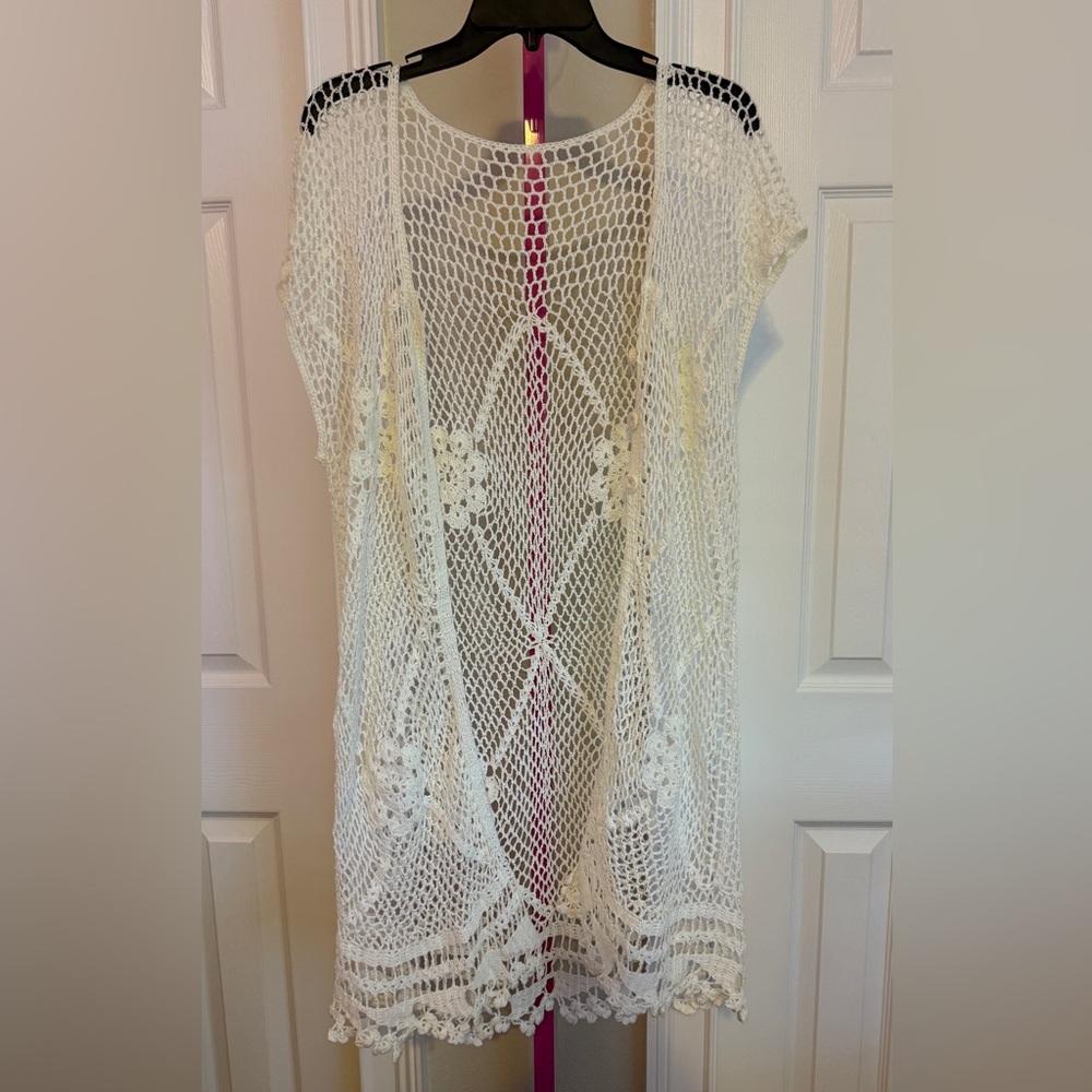 White Crochet Open-Front Cardigan
